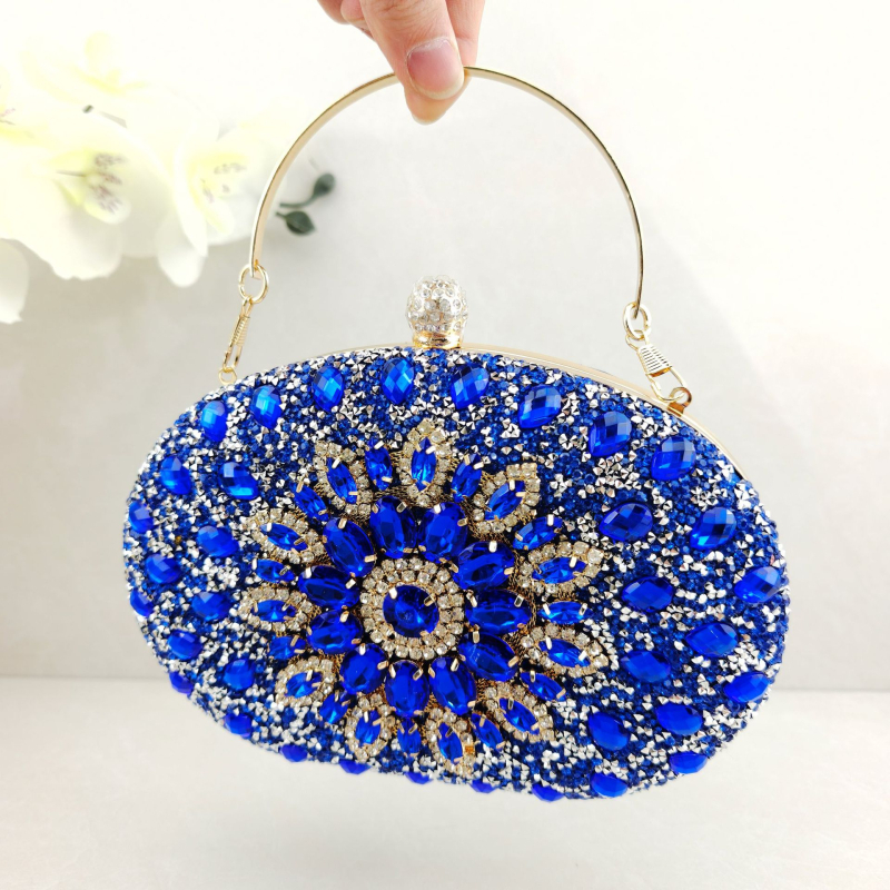 Estélyi crossbody táska fém lánccal, PU bőr, ovális alak, kapcsos záródás, telefon zseb