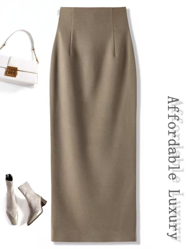Midi sukňa z vlneného materiálu, vysoký pás, priliehavý strih, jednofarebná, polyester 80–90%, jeseň 2025