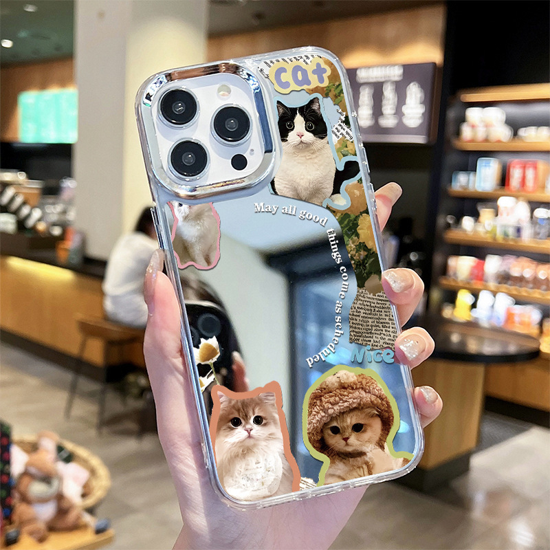 Калъф за iPhone с котешка тематика – карикатурен дизайн и огледално покритие (изработен от TPU; персонализируем; удароустойчив; устойчив на износ; устойчив на падане)