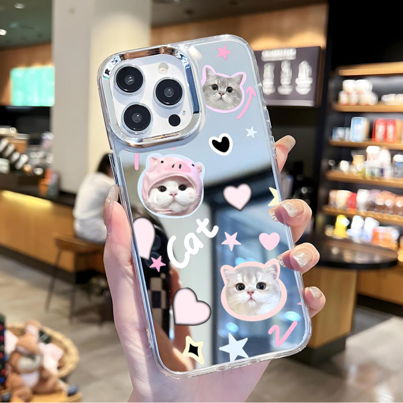 Калъф за iPhone с котешка тематика – карикатурен дизайн и огледално покритие (изработен от TPU; персонализируем; удароустойчив; устойчив на износ; устойчив на падане)