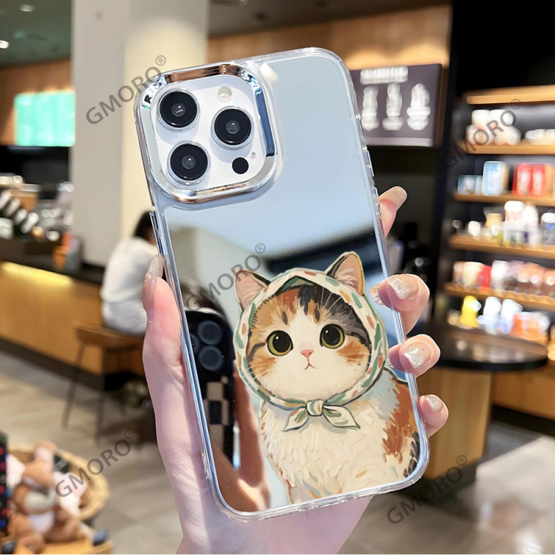 Калъф за iPhone с котешка тематика – карикатурен дизайн и огледално покритие (изработен от TPU; персонализируем; удароустойчив; устойчив на износ; устойчив на падане)