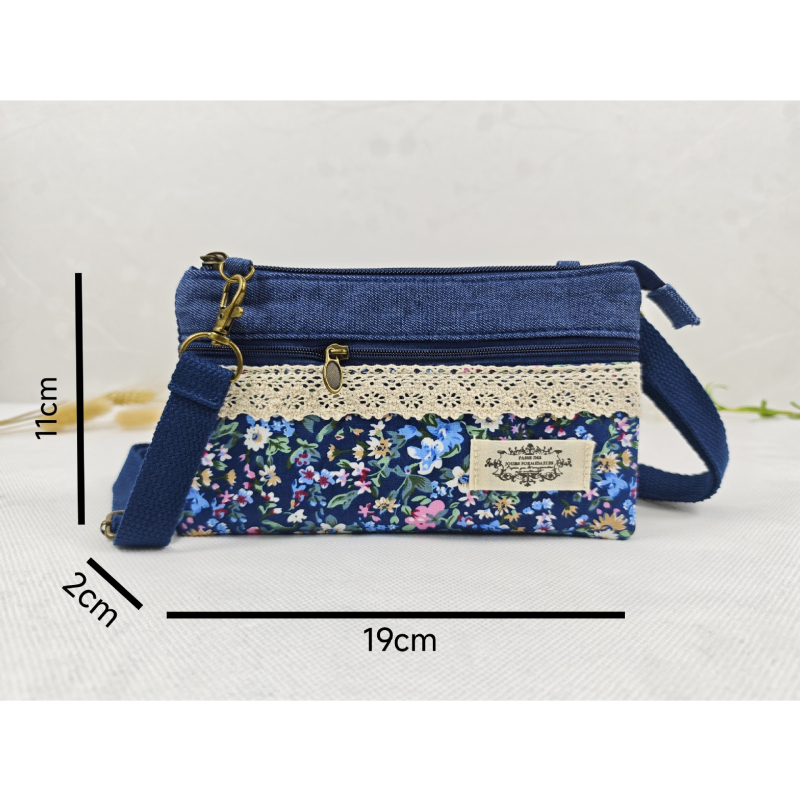 Pamukova crossbody torba za slobodno vrijeme, vodoravni kvadratni oblik, zatvarač, džep za telefon