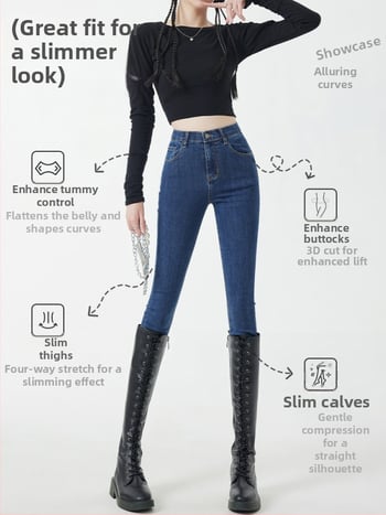 Jeans talie înaltă, croială strânsă, țesătură din bumbac, conținut de bumbac 50–70%, stil retro primăvară 2025