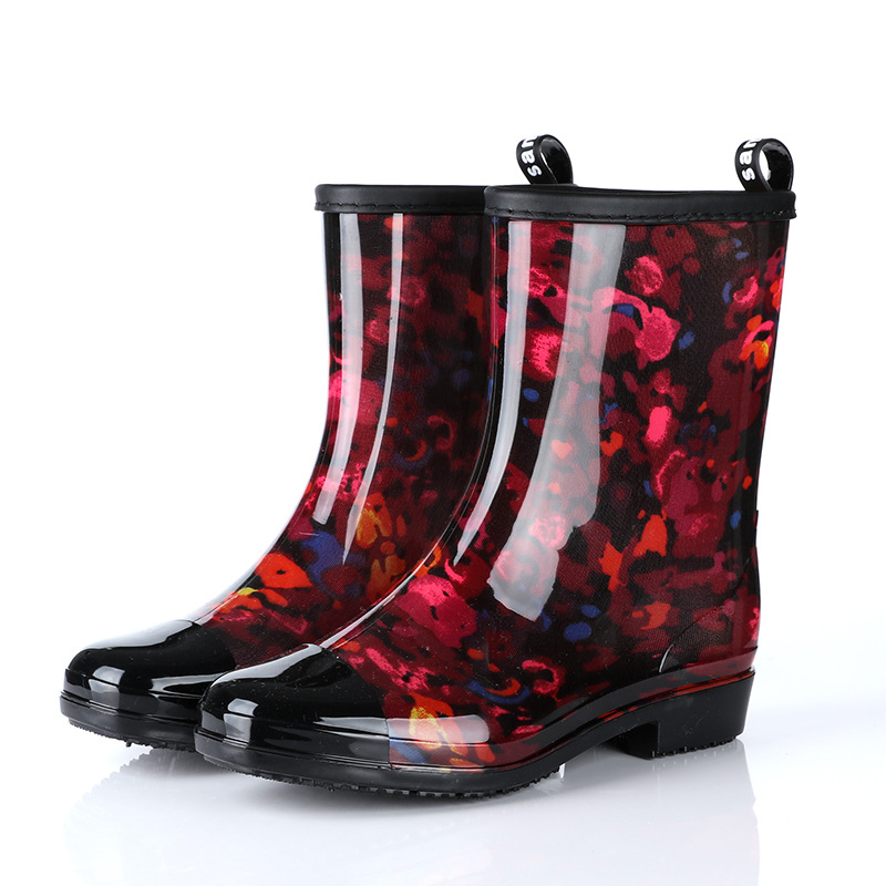 Ženske kišne čizme s leopard printom, PVC gornji dio, srednja visina tele, niski pet 1–3 cm