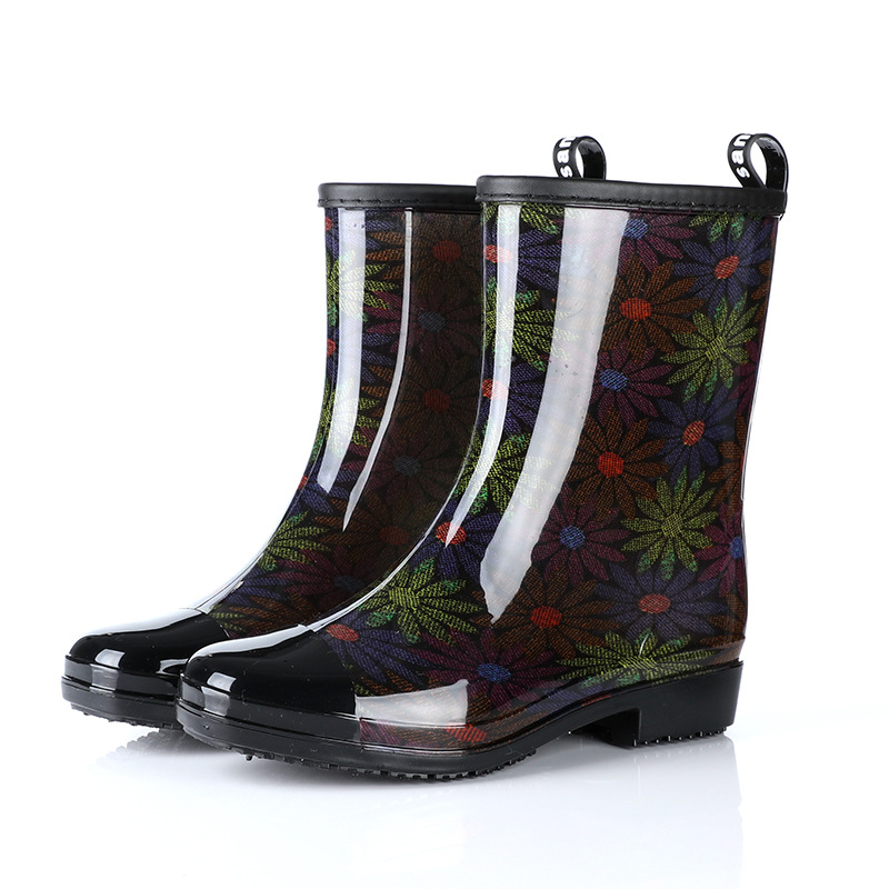 Ženske kišne čizme s leopard printom, PVC gornji dio, srednja visina tele, niski pet 1–3 cm
