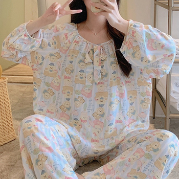 Σετ πιτζάμας από βαμβακοσίλκο για γυναίκες, στρογγυλός λαιμός, μακριά μανίκια, στυλ φιόγκο