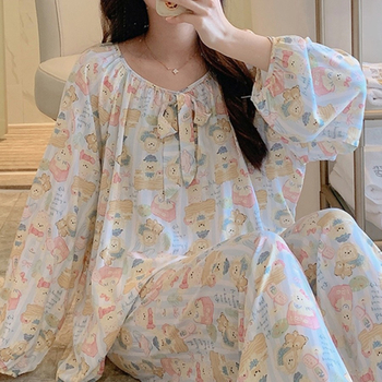 Σετ πιτζάμας από βαμβακοσίλκο για γυναίκες, στρογγυλός λαιμός, μακριά μανίκια, στυλ φιόγκο