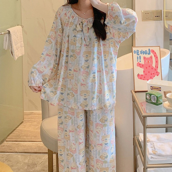 Σετ πιτζάμας από βαμβακοσίλκο για γυναίκες, στρογγυλός λαιμός, μακριά μανίκια, στυλ φιόγκο