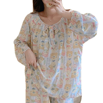 Σετ πιτζάμας από βαμβακοσίλκο για γυναίκες, στρογγυλός λαιμός, μακριά μανίκια, στυλ φιόγκο