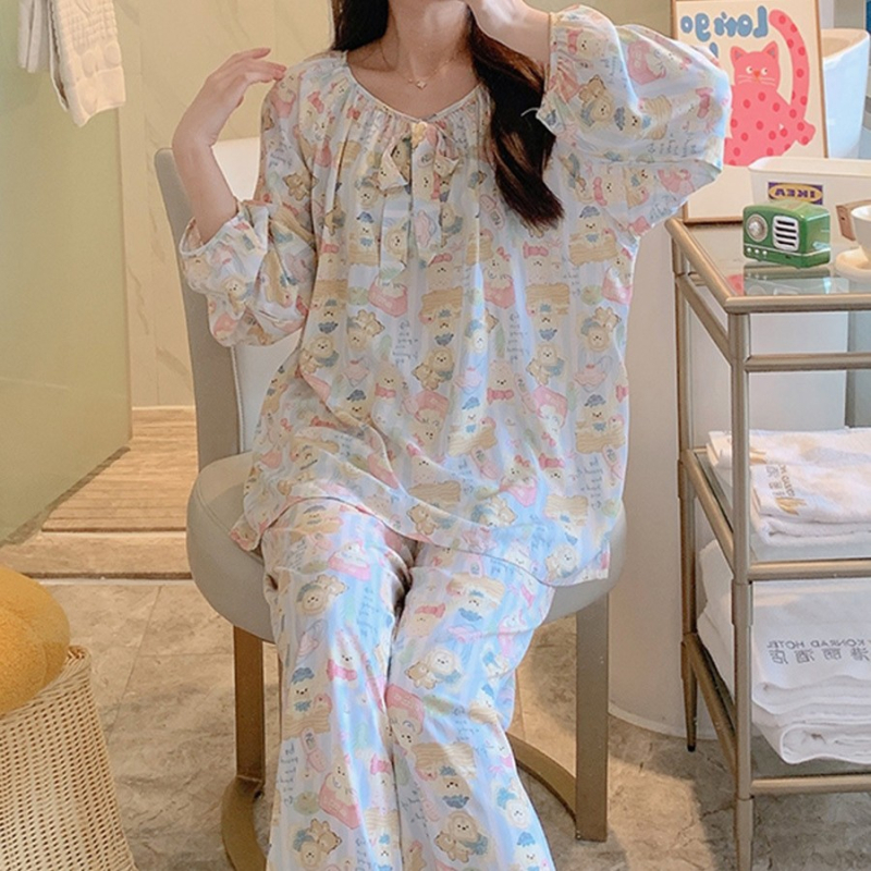 Σετ πιτζάμας από βαμβακοσίλκο για γυναίκες, στρογγυλός λαιμός, μακριά μανίκια, στυλ φιόγκο
