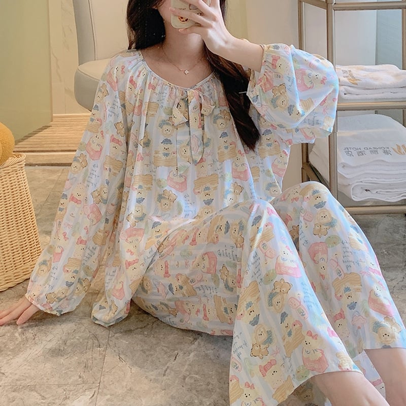 Σετ πιτζάμας από βαμβακοσίλκο για γυναίκες, στρογγυλός λαιμός, μακριά μανίκια, στυλ φιόγκο