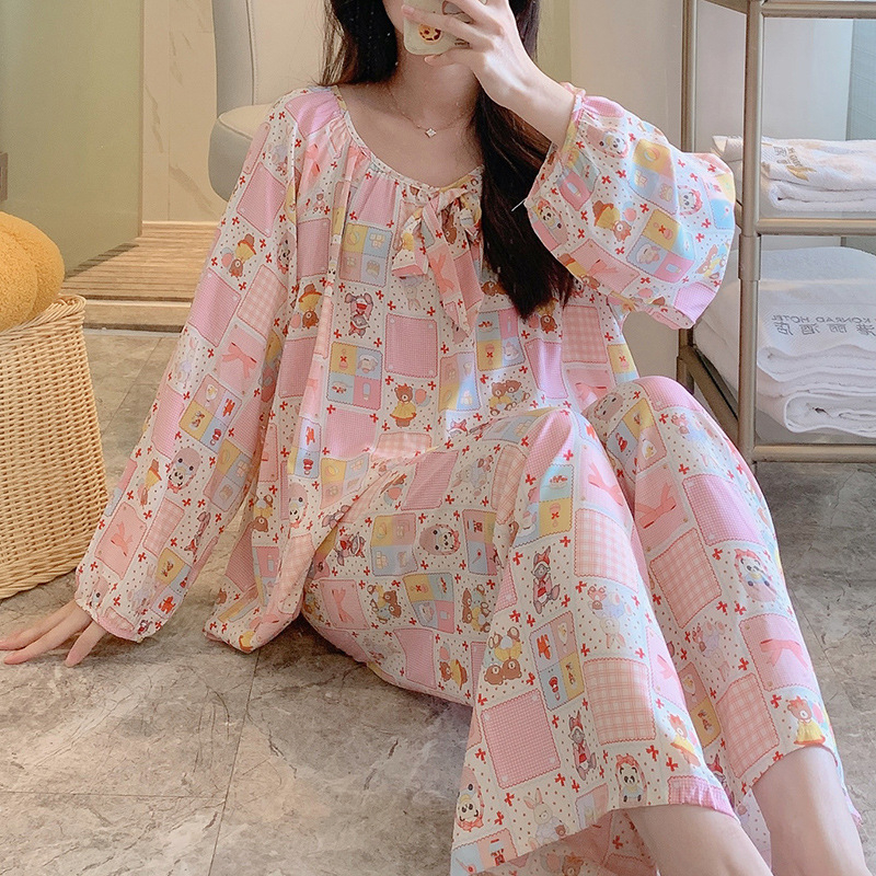 Σετ πιτζάμας από βαμβακοσίλκο για γυναίκες, στρογγυλός λαιμός, μακριά μανίκια, στυλ φιόγκο