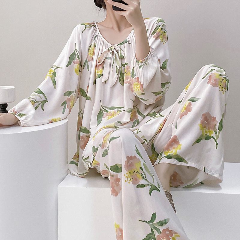 Σετ πιτζάμας από βαμβακοσίλκο για γυναίκες, στρογγυλός λαιμός, μακριά μανίκια, στυλ φιόγκο