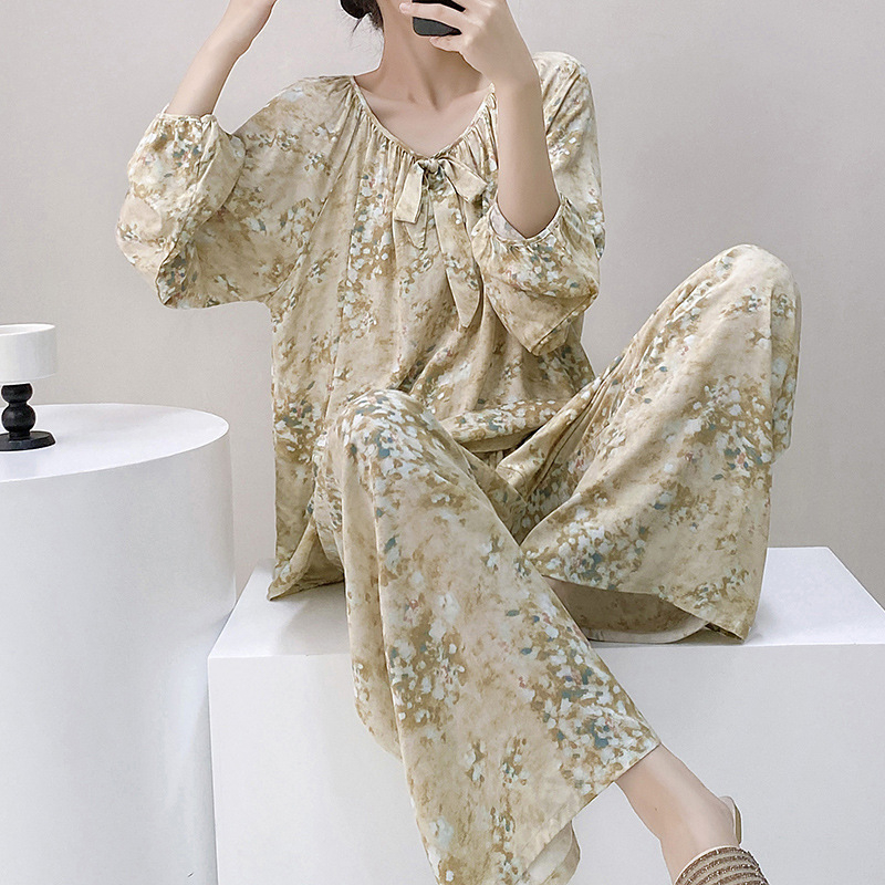 Σετ πιτζάμας από βαμβακοσίλκο για γυναίκες, στρογγυλός λαιμός, μακριά μανίκια, στυλ φιόγκο