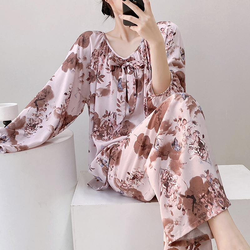 Σετ πιτζάμας από βαμβακοσίλκο για γυναίκες, στρογγυλός λαιμός, μακριά μανίκια, στυλ φιόγκο