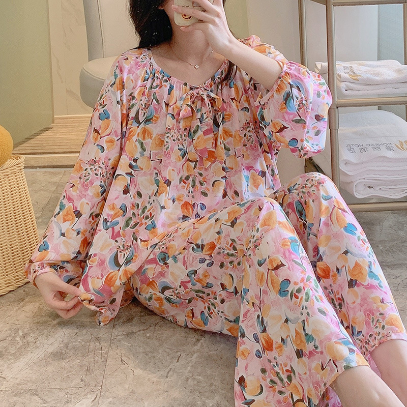 Σετ πιτζάμας από βαμβακοσίλκο για γυναίκες, στρογγυλός λαιμός, μακριά μανίκια, στυλ φιόγκο