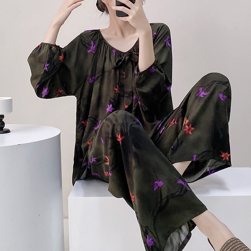 Σετ πιτζάμας από βαμβακοσίλκο για γυναίκες, στρογγυλός λαιμός, μακριά μανίκια, στυλ φιόγκο