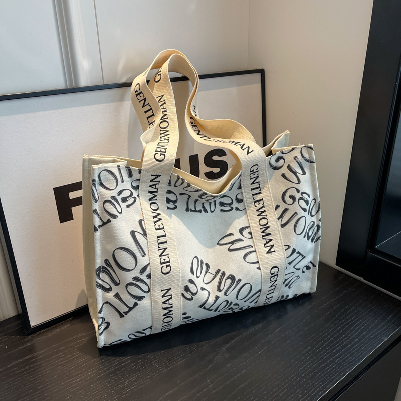 Geantă Tote din pânză, Capacitate mare, Închidere cu fermoar, Formă orizontală pătrată, Bretele două pe umăr