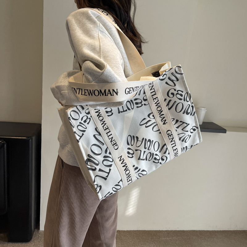 Geantă Tote din pânză, Capacitate mare, Închidere cu fermoar, Formă orizontală pătrată, Bretele două pe umăr