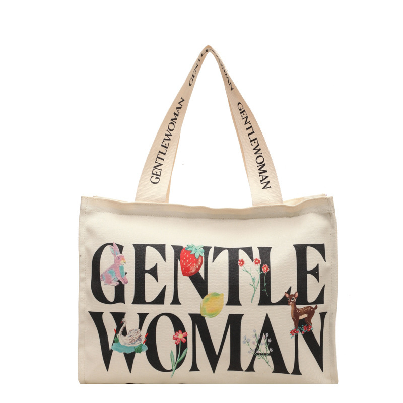 Geantă Tote din pânză, Capacitate mare, Închidere cu fermoar, Formă orizontală pătrată, Bretele două pe umăr