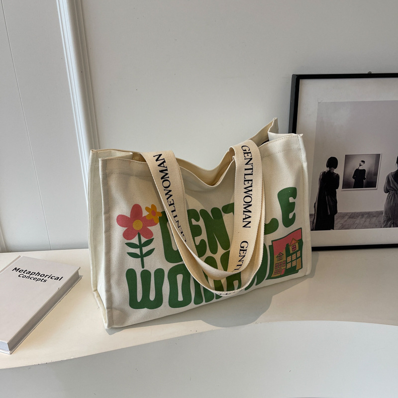 Geantă Tote din pânză, Capacitate mare, Închidere cu fermoar, Formă orizontală pătrată, Bretele două pe umăr