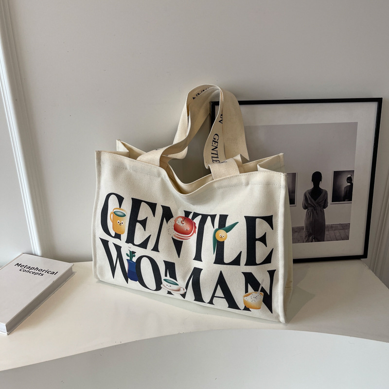 Geantă Tote din pânză, Capacitate mare, Închidere cu fermoar, Formă orizontală pătrată, Bretele două pe umăr