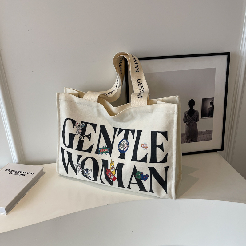 Geantă Tote din pânză, Capacitate mare, Închidere cu fermoar, Formă orizontală pătrată, Bretele două pe umăr