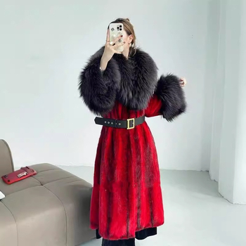Dlhý kabát z umelej kožušiny s golierom z umelej líšky pre ženy – Zima 2025, výstrih do V, dlhé rukávy, umelá kožušina