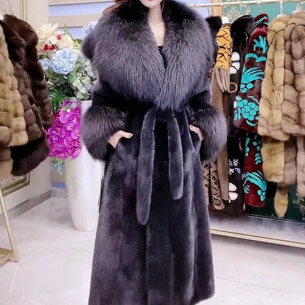 Dlhý kabát z umelej kožušiny s golierom z umelej líšky pre ženy – Zima 2025, výstrih do V, dlhé rukávy, umelá kožušina