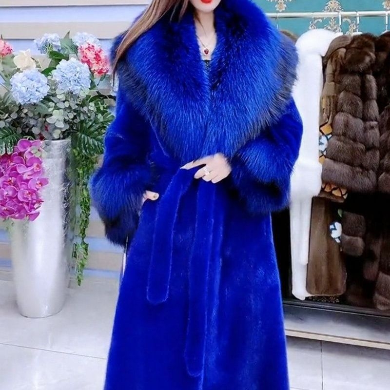 Dlhý kabát z umelej kožušiny s golierom z umelej líšky pre ženy – Zima 2025, výstrih do V, dlhé rukávy, umelá kožušina