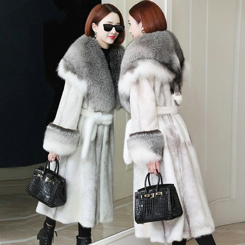 Dlhý kabát z umelej kožušiny s golierom z umelej líšky pre ženy – Zima 2025, výstrih do V, dlhé rukávy, umelá kožušina
