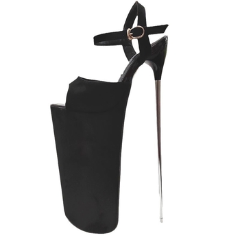 Сандали с тънък ток над 8 см, горна част от кърдюрен плат, закопчаване с катарама, отворен пръст, подметка от гума, вътрешност микрофибър