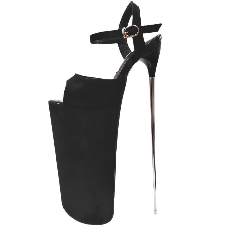 Сандали с тънък ток над 8 см, горна част от кърдюрен плат, закопчаване с катарама, отворен пръст, подметка от гума, вътрешност микрофибър