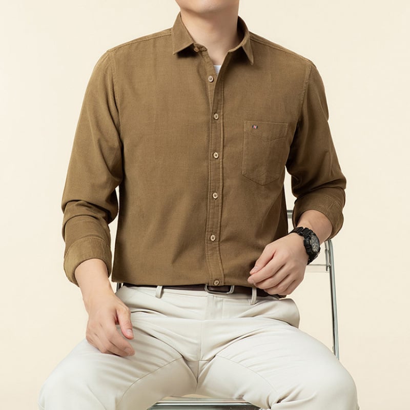 Cămașă bărbătească cu mânecă lungă, din bumbac pieptănat, țesătură periată, guler ascuțit, uni