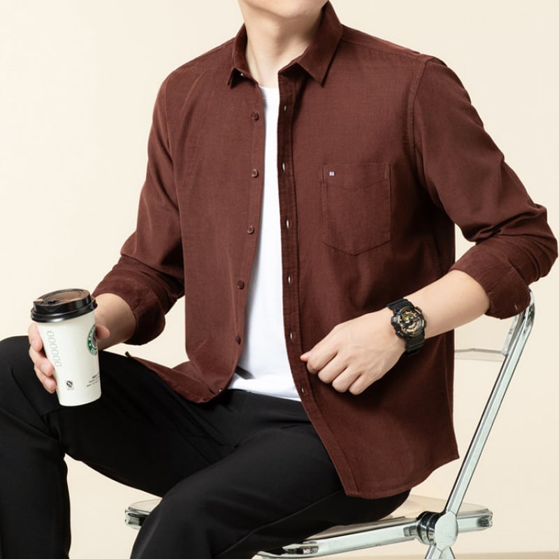 Cămașă bărbătească cu mânecă lungă, din bumbac pieptănat, țesătură periată, guler ascuțit, uni