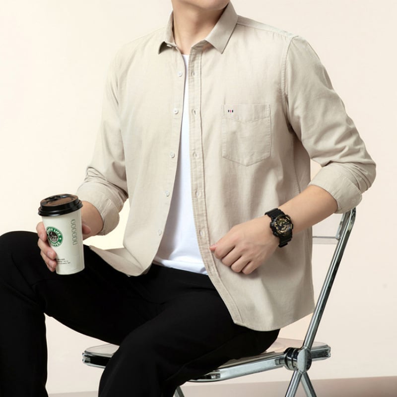 Cămașă bărbătească cu mânecă lungă, din bumbac pieptănat, țesătură periată, guler ascuțit, uni