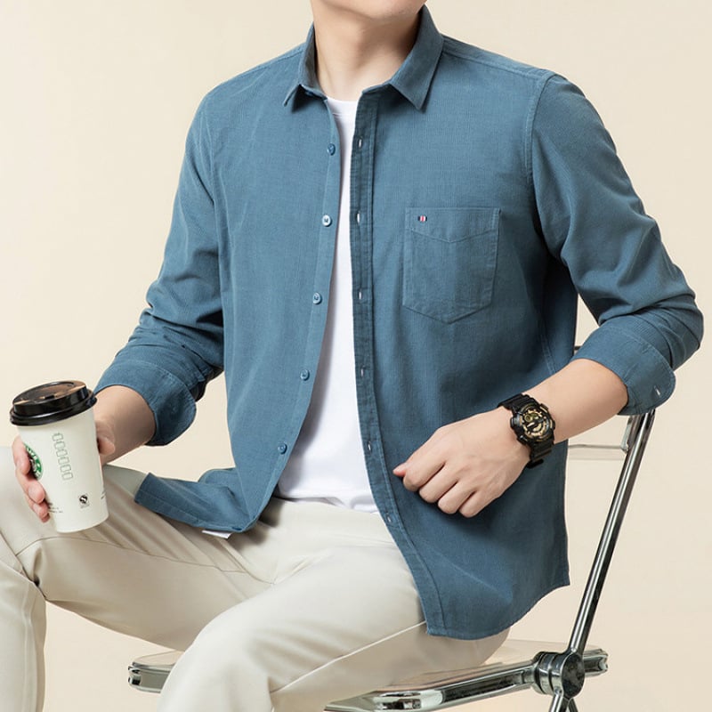 Cămașă bărbătească cu mânecă lungă, din bumbac pieptănat, țesătură periată, guler ascuțit, uni