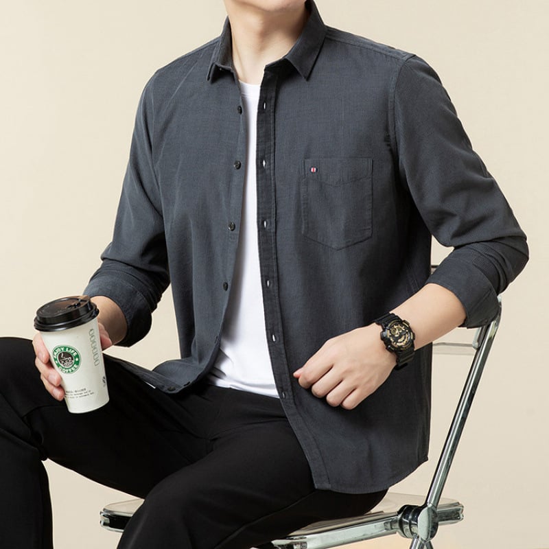 Cămașă bărbătească cu mânecă lungă, din bumbac pieptănat, țesătură periată, guler ascuțit, uni