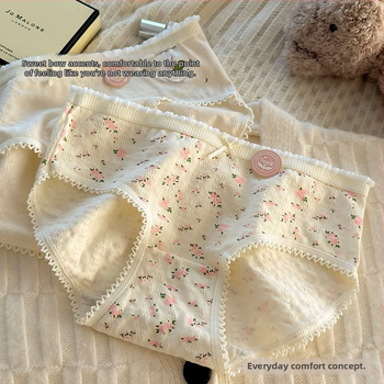 Dámske bavlnené spodné prádlo pre dievčatá | priedušné, antibakteriálne, 90–95% bavlna, bavlnená podšívka v rozkroku, kvetinový vzor, stredný pás