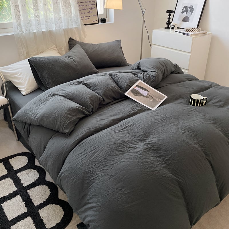 Set de pat din bumbac spălat, patru piese, model solid, stil minimalist modern, potrivit pentru toate sezoanele, pentru căminele studențești