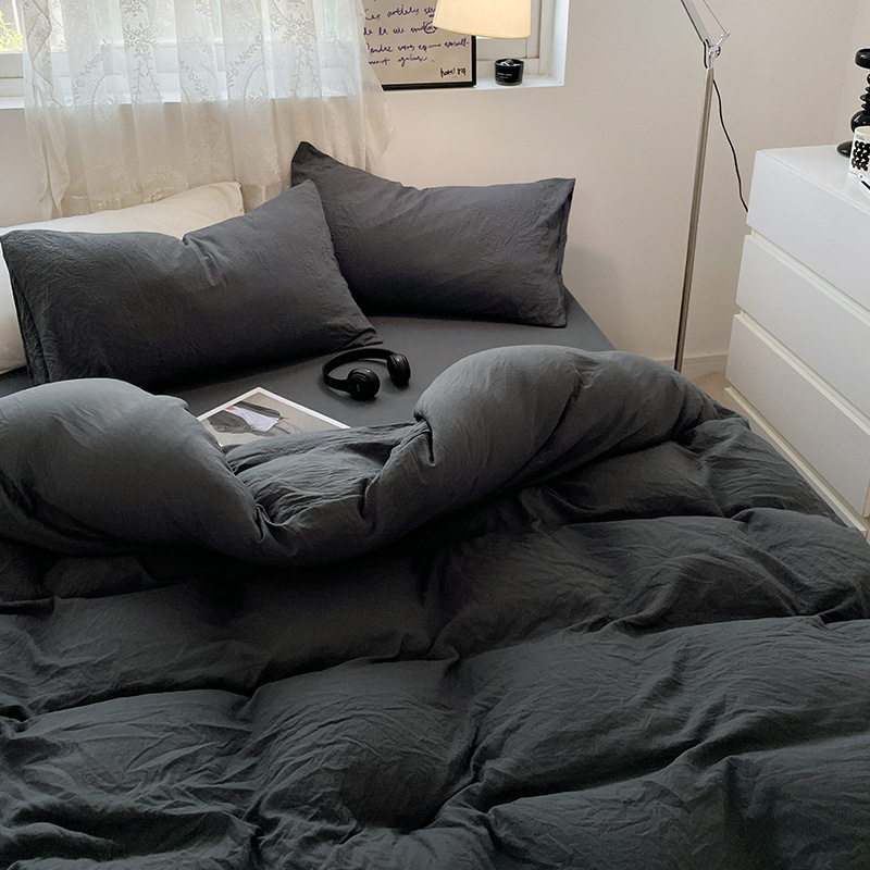 Set de pat din bumbac spălat, patru piese, model solid, stil minimalist modern, potrivit pentru toate sezoanele, pentru căminele studențești