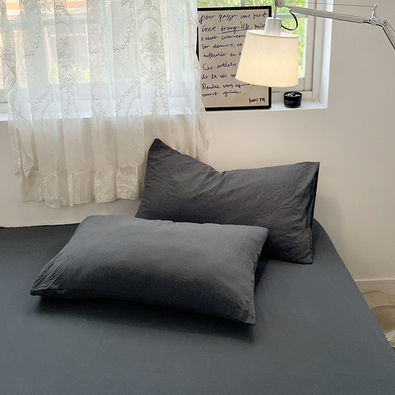 Set de pat din bumbac spălat, patru piese, model solid, stil minimalist modern, potrivit pentru toate sezoanele, pentru căminele studențești