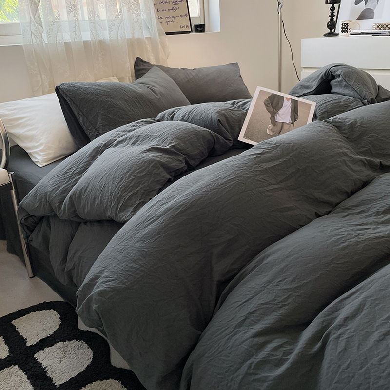 Set de pat din bumbac spălat, patru piese, model solid, stil minimalist modern, potrivit pentru toate sezoanele, pentru căminele studențești