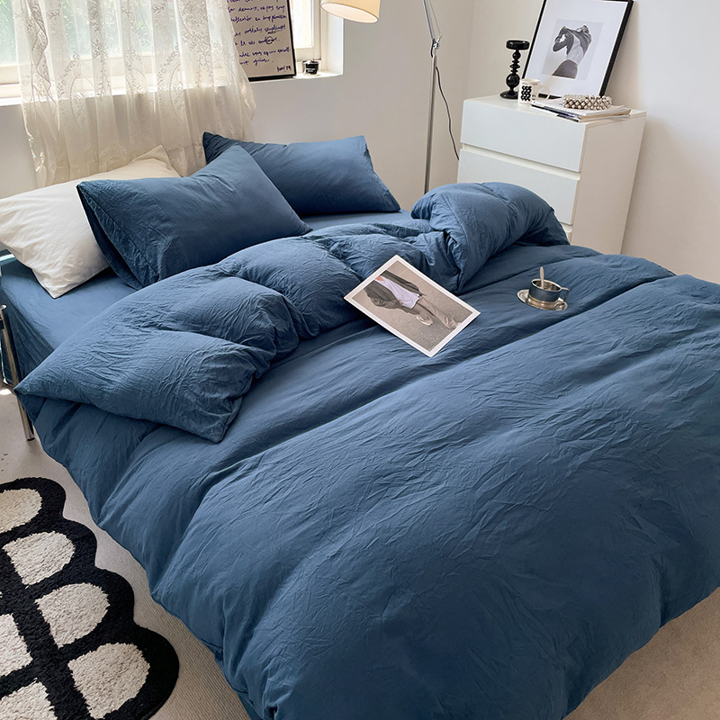 Set de pat din bumbac spălat, patru piese, model solid, stil minimalist modern, potrivit pentru toate sezoanele, pentru căminele studențești