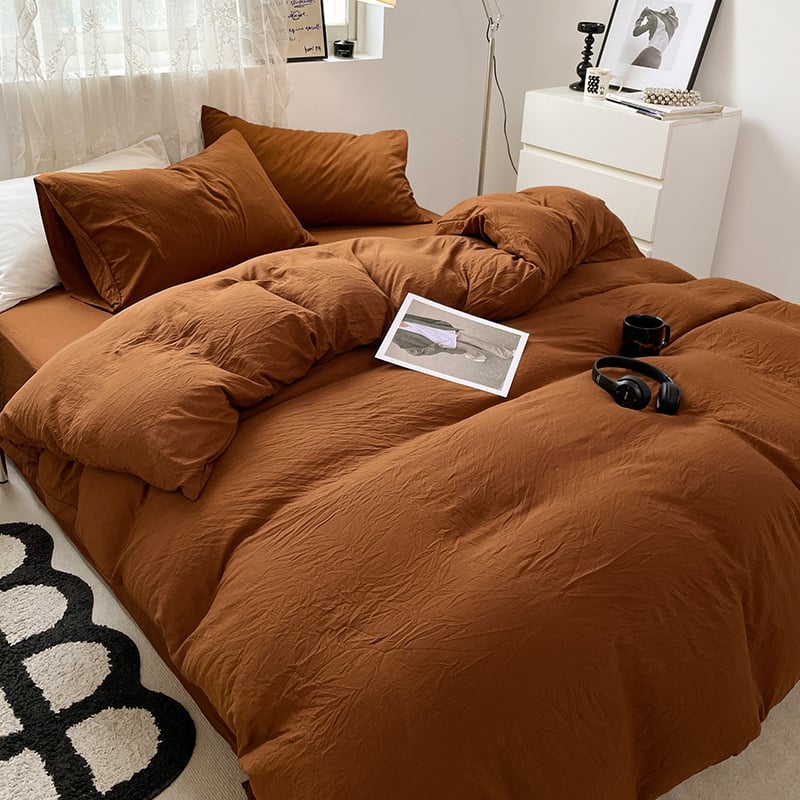 Set de pat din bumbac spălat, patru piese, model solid, stil minimalist modern, potrivit pentru toate sezoanele, pentru căminele studențești