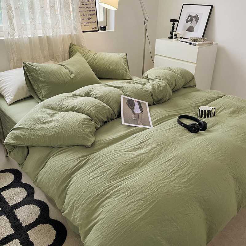 Set de pat din bumbac spălat, patru piese, model solid, stil minimalist modern, potrivit pentru toate sezoanele, pentru căminele studențești