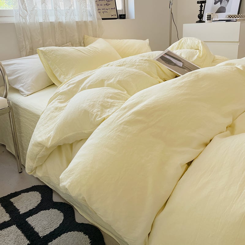 Set de pat din bumbac spălat, patru piese, model solid, stil minimalist modern, potrivit pentru toate sezoanele, pentru căminele studențești