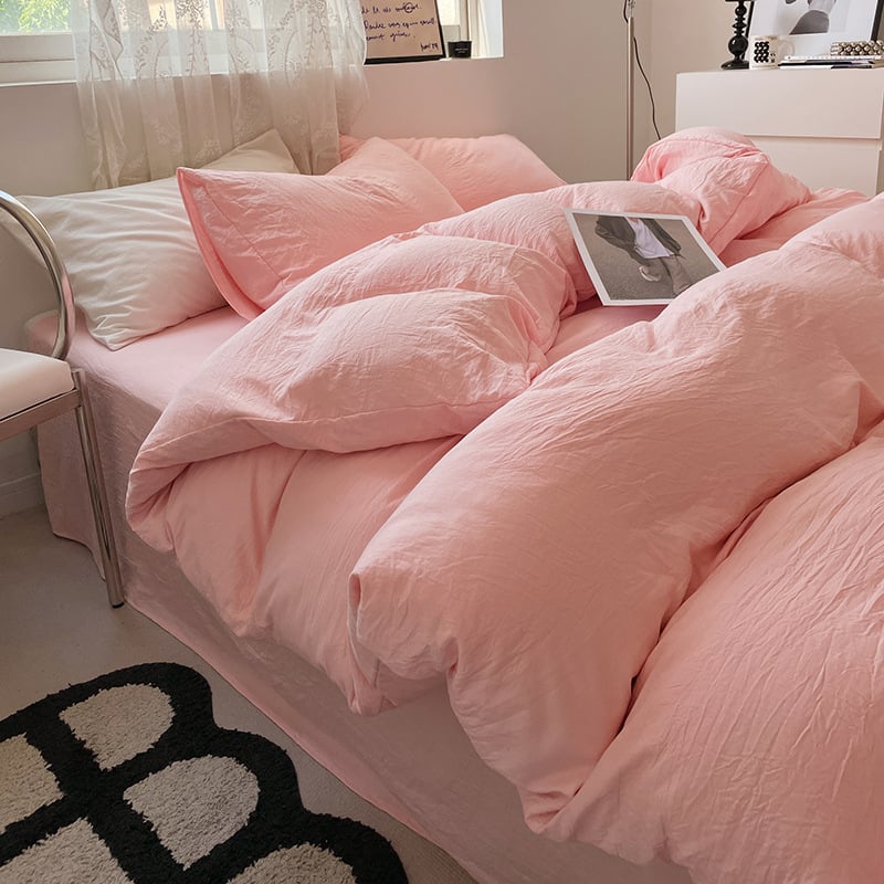 Set de pat din bumbac spălat, patru piese, model solid, stil minimalist modern, potrivit pentru toate sezoanele, pentru căminele studențești