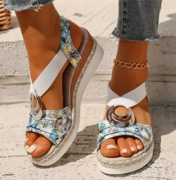 Sandale dama din PU, vârf în formă de gură de pește, toc tip wedge, cataramă metalică și detaliu din sfoară de cânepă, talpă din cauciuc