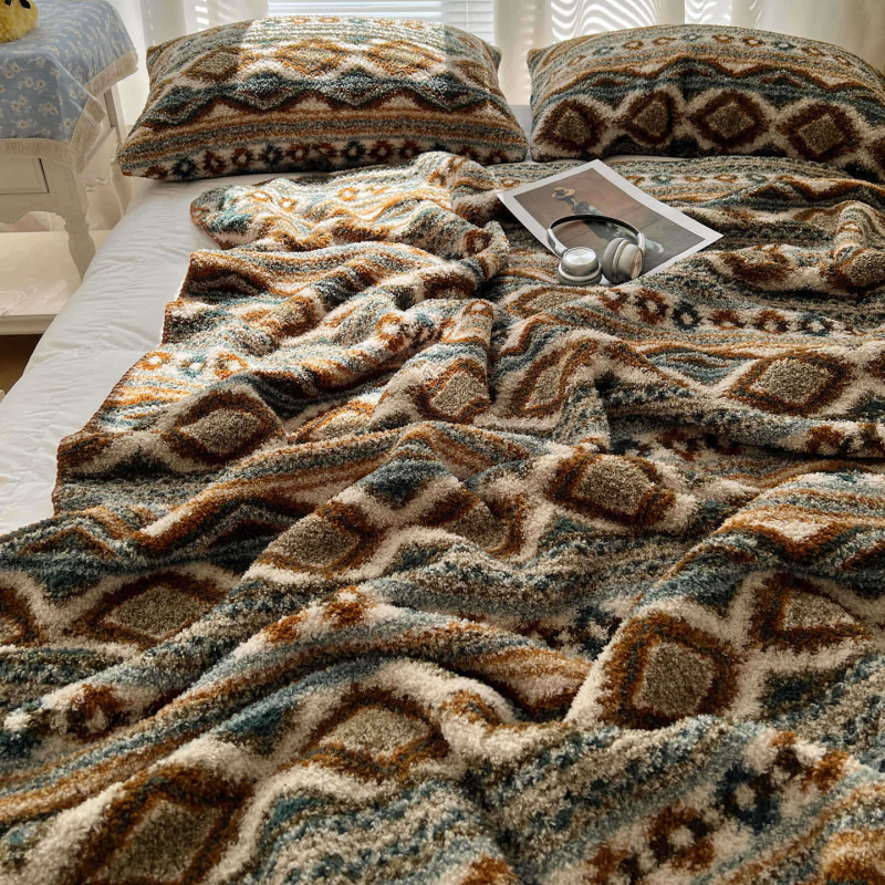 Pătură din fleece, stil Nordic, modele cărouri și graffiti, pentru toate sezoanele, greutate 300–500 g